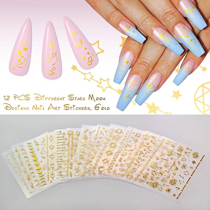 KISSBUTY 24 Pcs Universe Nail Art Sticker - Gold Flowers, Stars, Moon Constellation Decals