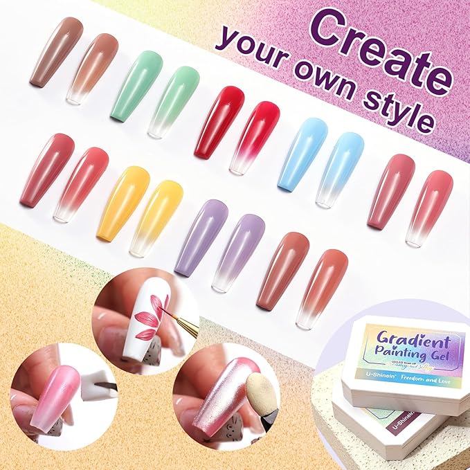 Gradient Painting Gel Set, 9 Colors Ombre Gel Nail Polish with 6 Aurora Multi-Purpose Brushes for Ombre Nails Aura Nails French Manicure Soak Off UV A Moroccan Bazaar