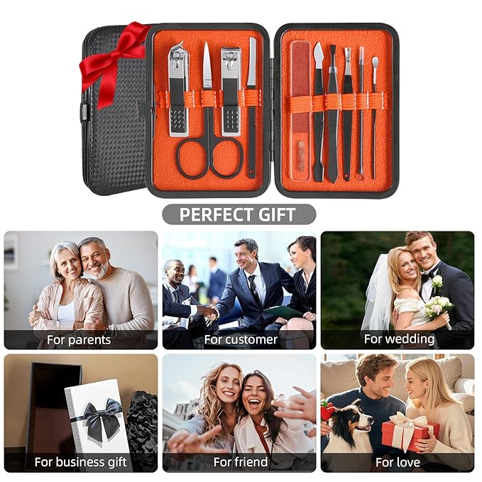 10Pcs Manicure Pedicure Kit Professional Manicure kit for Men Care Nail kit, Mens Nail Care kit,fingernail and toenail Clippers with Portable Luxurious Travel Case (Black)