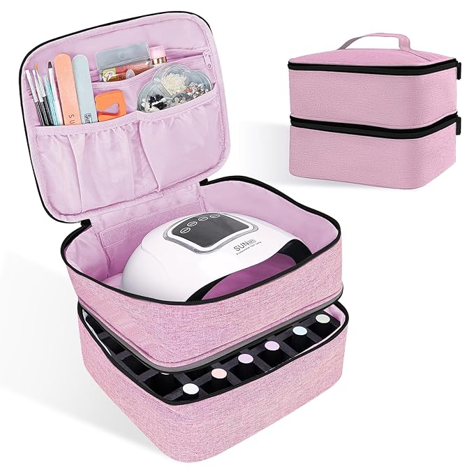 Nail Polish Organizer Holds 30 Bottles (15ml - 0.5 fl.oz) Double-layer Gel Nail Polish Kit Case, Nail Holder for Nail Lamp, Portable Nail Organizer and Storage for Nail Supplies (Pink)