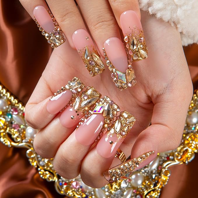 LOVFUL Short French Tip Press on Nails Golden Aura | Handmade Acrylic Press ons| Reusable Fake False Nails | Square Classic Regular 1.3in | H682-L
