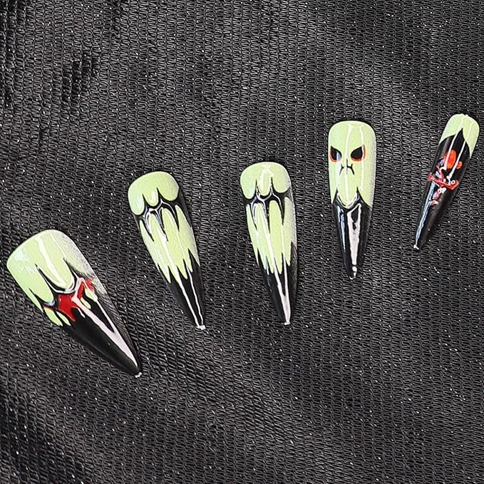 Cute Ghost Press on Nails - Halloween Fake Nails with Black Bat Nail Tip Designs | 3D Long Stiletto False Nail,Reusable Stick on Nail for Women Girls | 12Size - 24Pcs with Jelly Glue