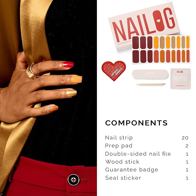 NAILOG Semi Cured Gel Nail Strips, Extra Long Nail Polish Strips (20 Peices), Long Lasting Semi Cured Nail Stickers with Soft Glossy Gel Finish, Maple Bloom
