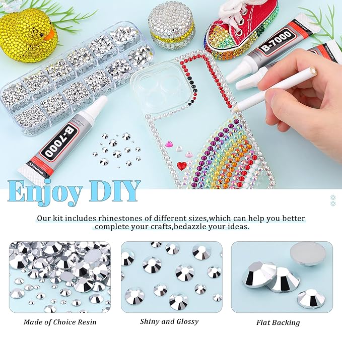 12000Pcs Resin Rhinestones for Bedazzling with 3Pcs B7000 Jewelry Glue, 2 Boxes Silver Flatback Rhinestones for Crafting Crafts DIY, Crystals Gems for Clothing Shoes Tumblers Nail Art Makeup