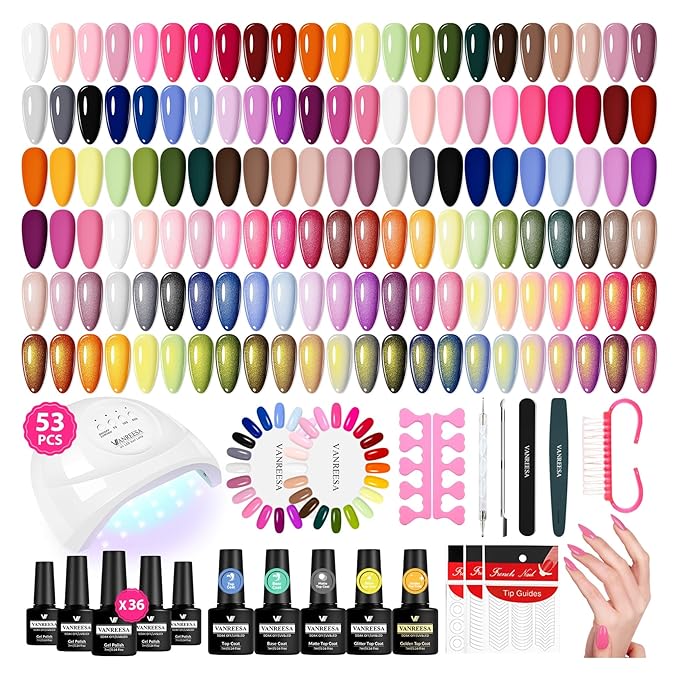 VANREESA Gel Nail Polish Kit with U V Light 53 Pcs Gel Polish Nail Set 36 Colors Nail Polish Set + Base and 4 Effects Top Coat with Manicure Tools Complete DIY Nail Kit Gifts for Women Girls