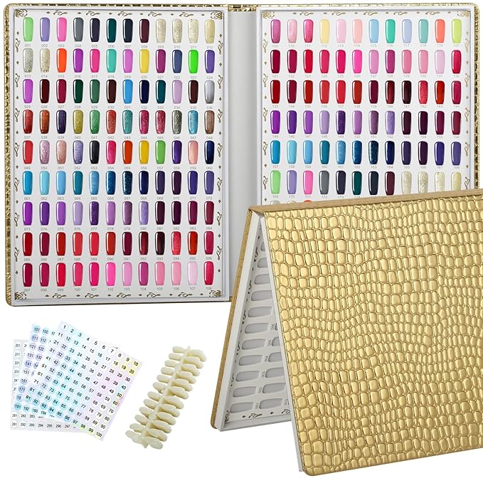 216 Colors Nail Swatches Book with 240 Nail Tips and Number Labels Leather Nail Gel Polish Display Book Nail Painting Practice Design Board No Need Pasting, No Need Glue