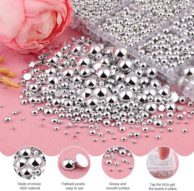13000Pcs Flatback Pearls for Crafting (Silver), Assorted Size 2/3/4/5/6/8/10mm Non Hotfix Half Pearl, Bedazzling Bead for DIY Crafts Clothing Tumblers Mugs Shoes Fabric Embellishment Nail Art Makeup
