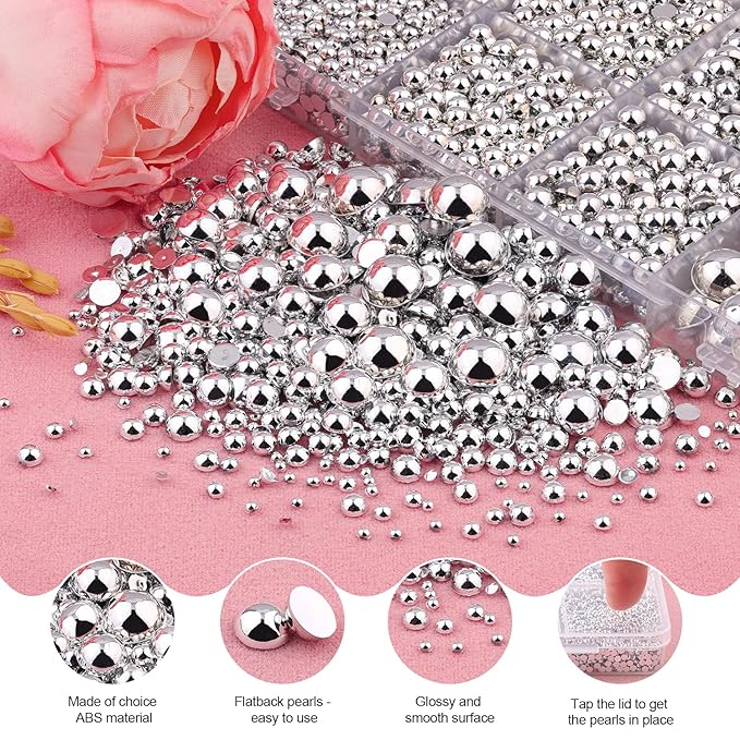 11000Pcs Flatback Pearls for Crafting(Silver), Assorted Size 2/3/4/5/6/8/10mm Half Pearl with 3Pcs 10ml B7000 Jewelry Glue, Bedazzling Bead for Crafts Clothing Tumblers Shoes Embellishment Nail Art