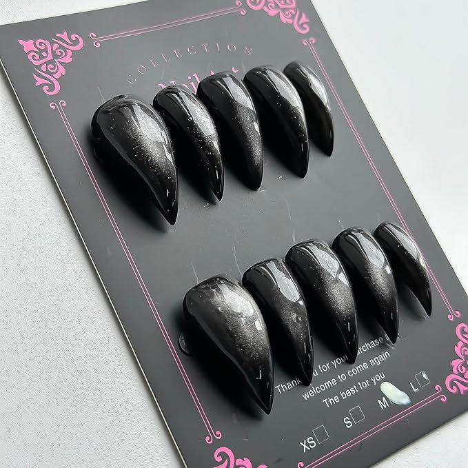 Luxury Press on Nails Medium Stiletto Handmade Eagle Claw Unique Reusable ABS Material Black Fake Nails Dragon Cat Claw False Nails with Glitter Designs Glossy Glue on Nail Thick Acrylic Nail(M)