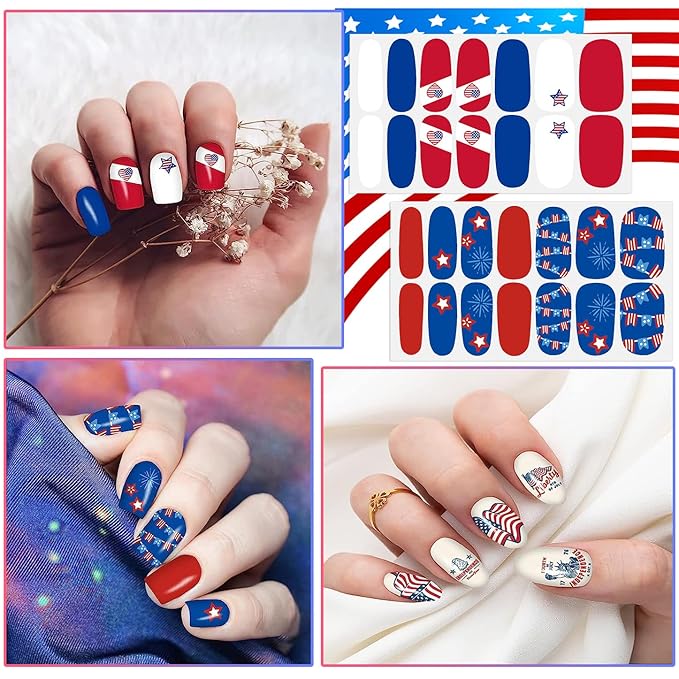 DANNEASY 24 Sheets Independence Day Nail Polish Stickers 4th of July Nail Wraps for Women Self Adhesive Nail Polish Strips Fingernail Stickers Stick on Nails with Nail File, Cuticle Stick