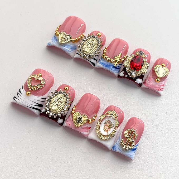 Handmade French Tip Press on Nails Short Duck 3D Thick Acrylic Nails Baroque False Nails with Rhinestones Oil Painting Designs Luxury Royal Fake Nail Sturdy Art Press on Nail 10Pcs(S)