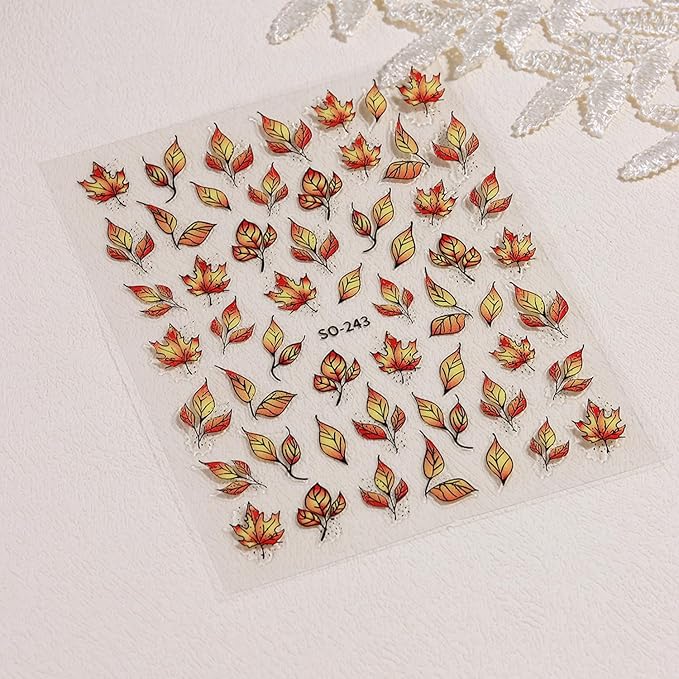 2 Sheets Fall Series Nail Stickers Maple Leaves Nail Art Stickers Autumn Iridescent Nail Decals with Orange Maple Leaves Designs Holographic DIY Self-Adhesive Nail Art Supplies