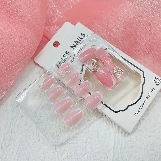 Square Press on Nails Medium Fake Nails with Designs 3D Flower Stick on Nail Butterfly Rhinestone Acrylic False Nail French Glossy Artificial Nail Full Cover Glue on Nails for Women