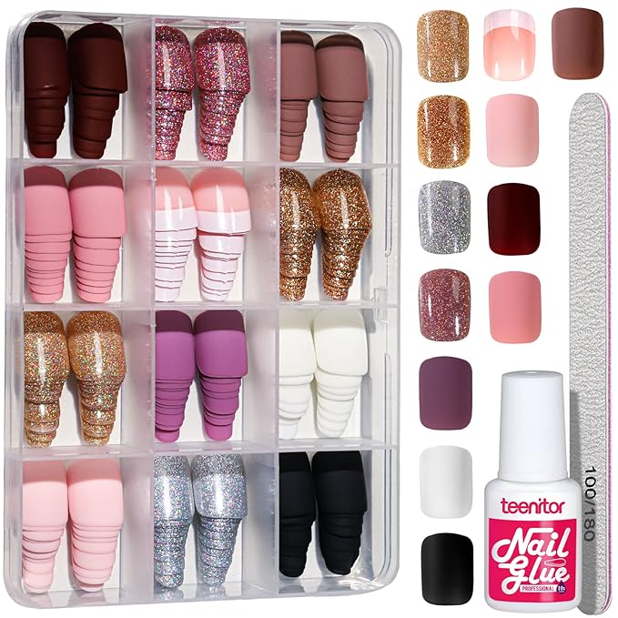Teenitor Short Press on Nails,288Pcs Matte Acrylic Short Square Fake Nails Full Cover, Glitter Press On False Nails Glue on Nails
