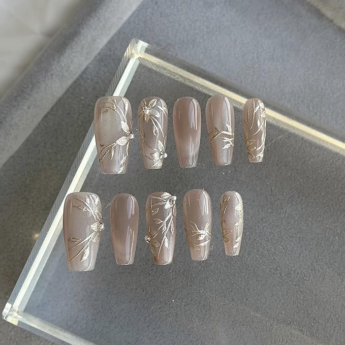 Nude Press-on Nails, Long Ballerina Shape, Gold Floral Design with Pearls, Handmade False Nail 10 Pieces (XS, LB)