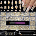 Nail Rhinestones - 4300pcs Champagne Gold, Multiple Shape Gems, Flat Back Rhinestones, with Kit and Glue Gel, for Nail Art