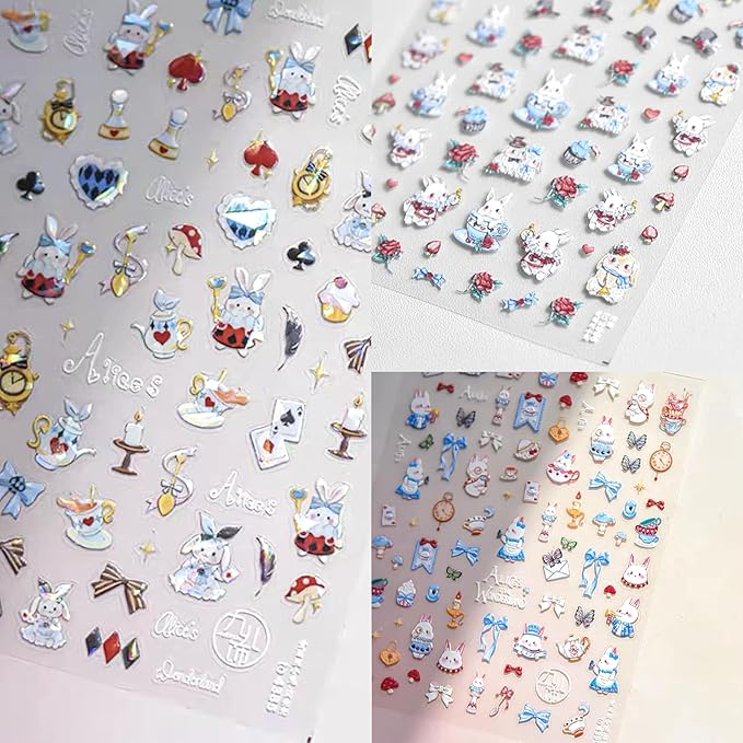 Dedyel Cute Nail Stickers 5D Embossed Cartoon Bunny Kawaii Animal Self-Adhesive Nail Decals for Women Girls Kids Nail Art Decoration