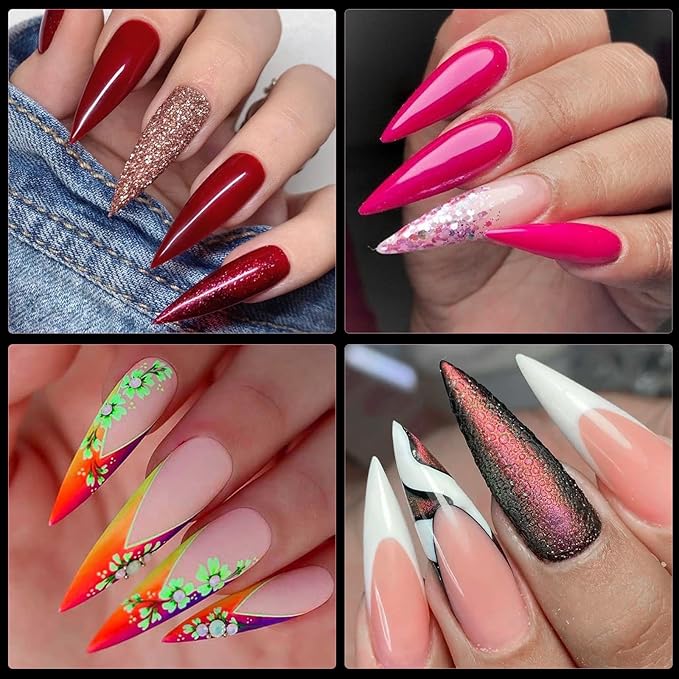 LoveOurHome 240pc Long Stiletto Nail Tips XL Clear Acrylic False Nails Pointy Stiletto Artificial Fake Nail Art Tips Full Cover 12 Size Manicure DIY Fingernails Design Nail Decor for Women Girls