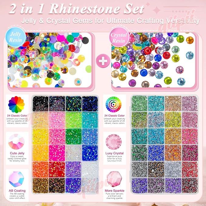 48 Color 4mm Jelly AB & Crystal Colorful Resin Rhinestones for Bedazzling Crafting SS16 Flatback Stones Gems Diamonds Charms for Nails Eyes Face Makeup Beauty Tumblers Bottles DIY Crafts Shoes