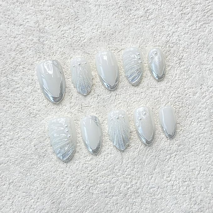 Short Almond Press on Nails Thick Handmade Nails with Glue,5D Lines Luxury Pearl False Nails Flash Designs Milky White Press ons Muti-Layer Gel Handmade Nail for Women Wedding Nail Art(Size S)