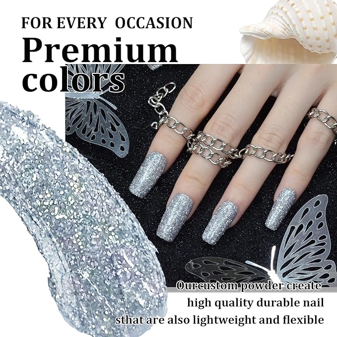 1 Oz/28g Dip Powder Glitter Silver Color, Nail Dipping Powder, Odor-Free & Long-Lasting, No Nail Lamp Curing
