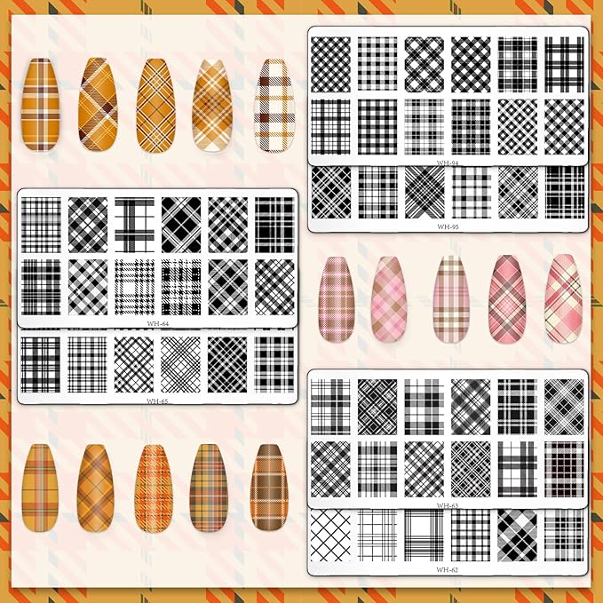 Whaline 6Pcs Plaid Nail Art Stamping Plate Kit Various Plaid Argyle Pattern Autumn Nail Art Plate for Fall Thanksgiving Holiday DIY Print Manicure Salon Design, 4.7 x 2.3 Inch