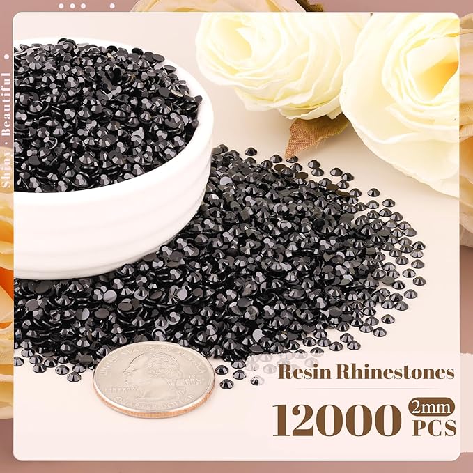 12000PCS 2mm Resin Rhinestones Bulk for Crafting (Black), Flatback Bedazzling Crystals for Crafts DIY Nail Decoration, Gems Charms for Tumbler Shoes Clothing Fabric with Pickup Pen and Tweezers