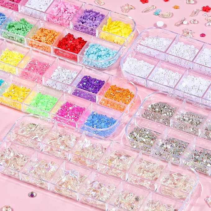 5 Boxes Gold & Silver Metal Nail 3D Punk Studs Star Moon Heart Triangle Square Rivet Gems Nail Art Jewels with a Curved Tweezers and a Nail Brush and a Wax Pen Picker (7-Rhinestones kit-4)