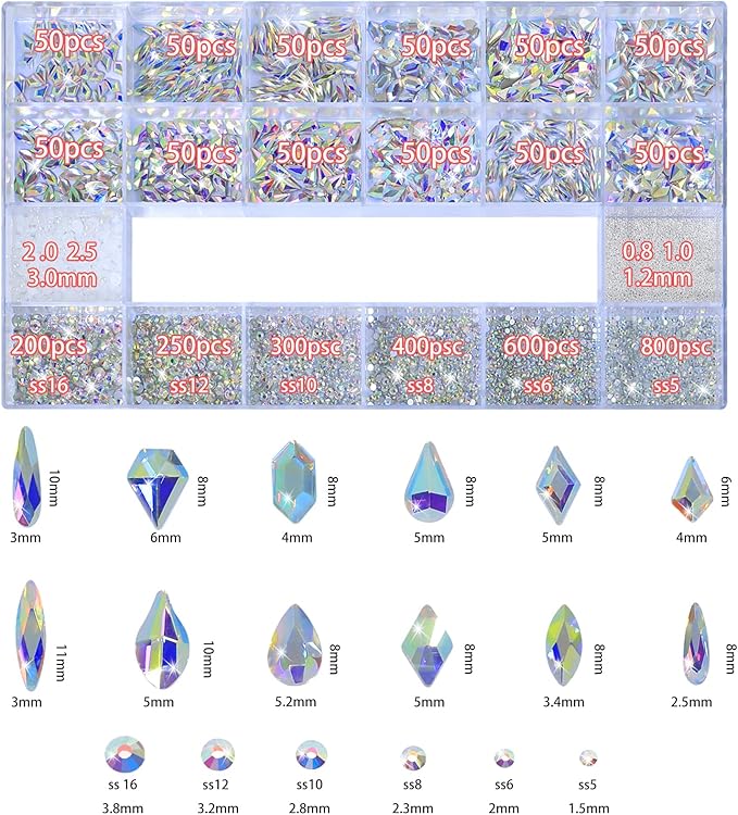 Nail Charms and Gems - 5000 Pcs, 20 Types, 20 Sizes, with Kit, Nail Rhinestones, Faux Pearls, Beads, for Nail Art (AB)