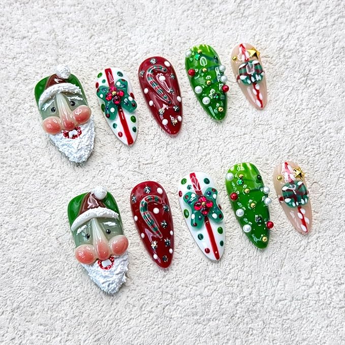 Christmas Press on Nails Medium Almond Handmade Nails with Glue,Green ＆ Red Fake Nails Cute 3D Santa Claus Designs Muti-Layer Gel Handmade Acrylic Full Cover Thick False Nails for Women (Size S)
