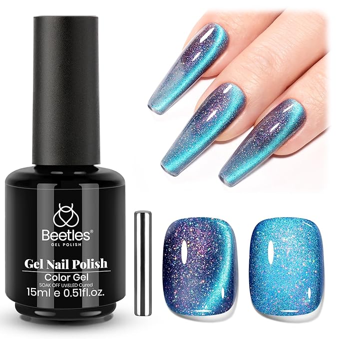 Beetles Cat Eye Gel Nail Polish - 15ML 9D Cat Eye Chameleon Blue Glitter Gel Polish Interstellar Mirage Blue Purple Magnetic Shimmer Effect Soak Off UV Salon DIY Manicure Gifts for Women
