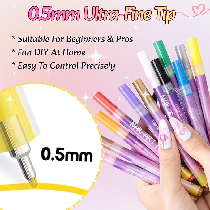 12 Colors 3D Nail Art Pens Set, 0.5mm Fine Tip, Waterproof and Quick-Drying Nail Polish Markers, Nail Painting Kit for DIY Nail Art Design