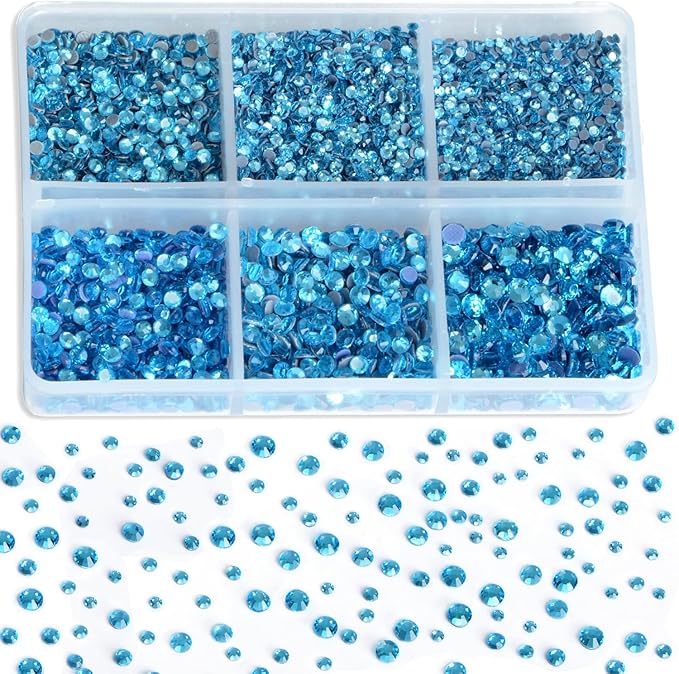 8000pcs Hotfix Rhinestones Flatback,Rhinestones for Crafts Clothes Mixed 6 Sizes, Hotfix Crystals with Wax Pencil Kit, SS3-SS12,Aquamarine
