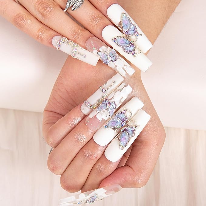 LOVFUL Press on Nails Holly Blue| Handmade with Full Covered Crystals| Reusable Fake Nails| Square Mid length 1.7in| H23-S