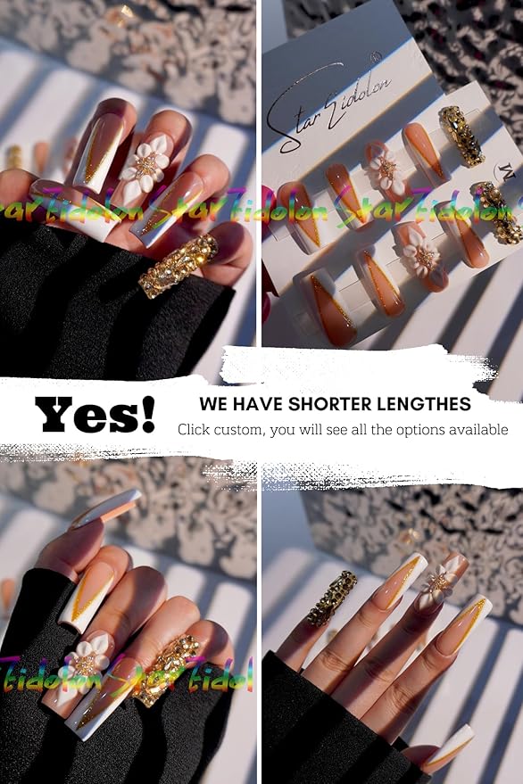 HAND-PAINTED White Press Ons Neon Small Press on Nails Long French Press on Nails Coffin Medium Short Nail art Fake Nail Art Kit with 7g Glue on Nails Handmade Almond Square Nails (TJ-15, Custom)