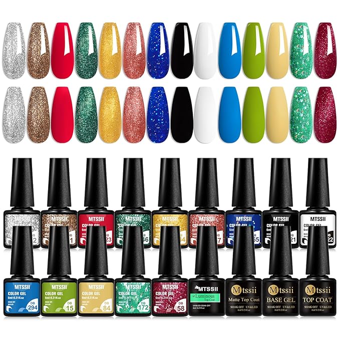 MTSSII Christmas Gel Nail Polish Set 18pcs Reflective Glitter Gel Polish Kit with Gel Top Coat Top Coat Gel Nail Polish Blue Red Green Polish Nail Art Design DIY Gift for Girls Women