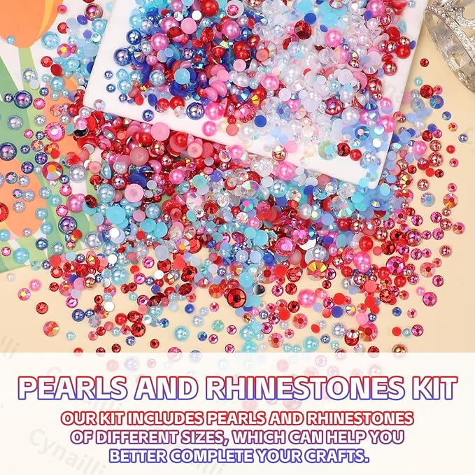 15 Grids Pearls and Resin Rhinestones for Crafting, Red Blue White Bedazzling Gems Kit, Jelly Resin Rhinestones Pearls for Nails Face Eyes Makeup Crafts Tumblers Bottles