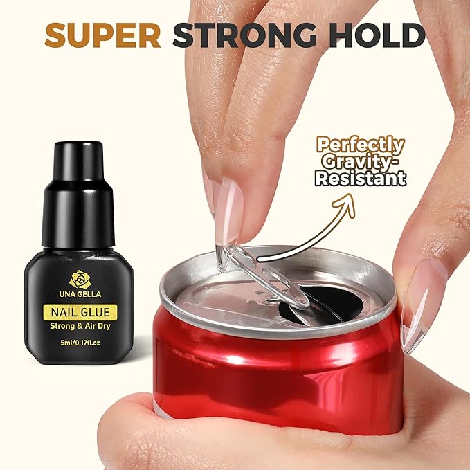 UNA GELLA Quick Drying Super Nail Glue for Press On Nails, Acrylic Nails & Nail Tips No Lamp Need Press On Nails Glue Drip Use with Opener（5ML） Long Lasting for DIY Nail Art