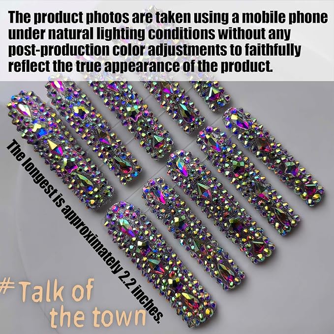 Xxl Press on Nails Extra Long Square Handmade Press-on Nails with Design Rhinestones Press Ons 10pcs M Size Pattern 1104