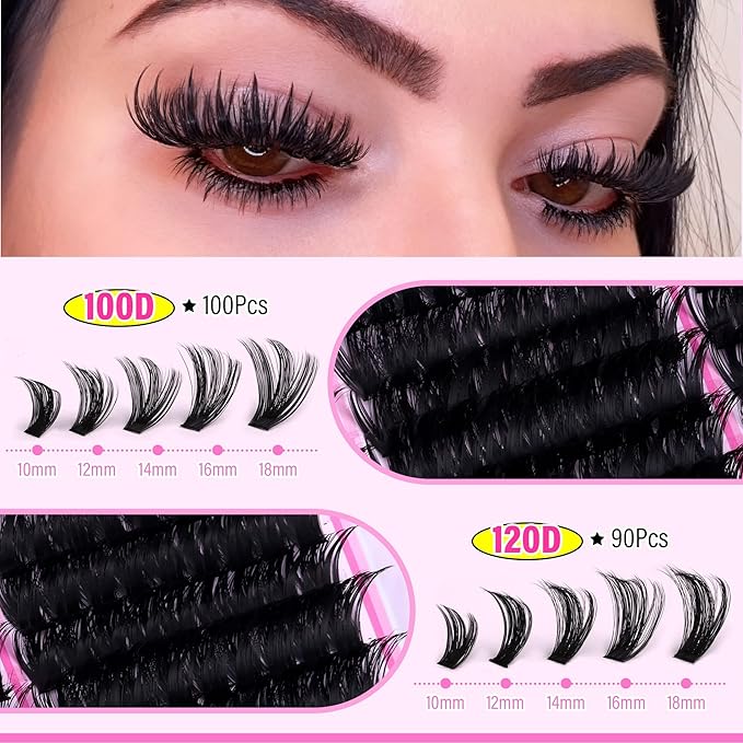 wiwoseo Lash Spikes Lash Clusters Kit Fairy Lash Clusters Eyelash Extensions Kit Spiky Eyelash Clusters Kit 100D+120D Fluffy Cluster Lashes Salon Lashes Clusters Kit with Clear Lash Bond and Seal