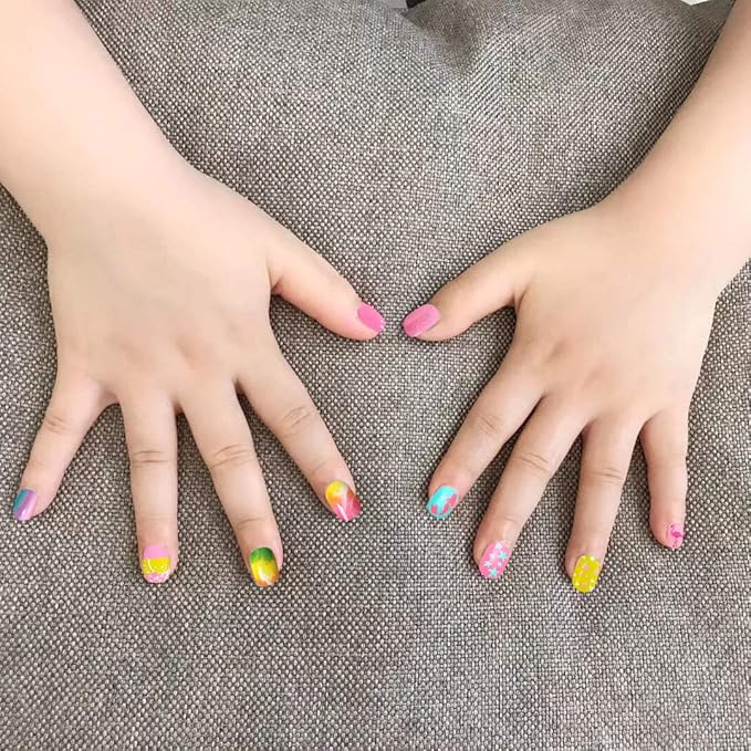 SIUSIO 120 Pcs 5 Pack Children Acrylic Fake Nails Press on Pre-glue Full Cover Glitter Gradient Color Rainbow Short Sticky Fake Nails Kids Nails Set for Little Girls - Colorful Rainbow Series