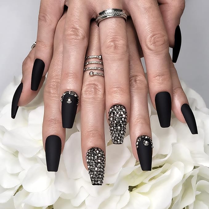 Hypnaughty 24 Pcs Rhinestone Noir Coffin Press On Nails with Gunmetal Color Luxury Rhinestones and Glue Medium Length Glue On False Nails (Rhinestone Noir)