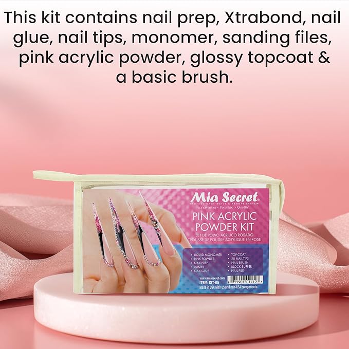 MIA SECRET Pink Acrylic Nail Kit - Full Kit With Powder, Liquid Monomer, Primer, Glue, Top Coat, 20 Nail Tips, Brush, Emery Block, File
