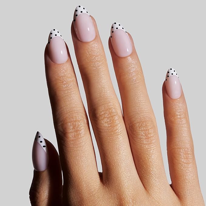 Nail Art Press-Ons | Milky Polka, Short Almond Nails, Reusable | 16 sizes - 32 Nails Kit with Super-hold Nail Glue and Sticky Tabs