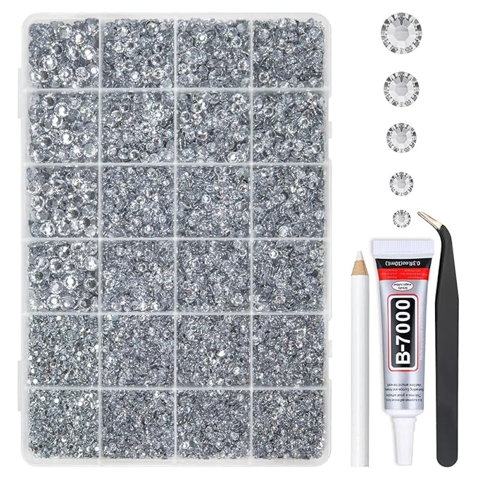 Silver Clear Resin Rhinestones w B7000 Glue for Bedazzling Crafting 2mm-6mm Crystal White Flatback Stones Diamonds Crystals Gems Bedazzler Kit for Nails Face Eyes Makeup Tumblers Crafts Shoes