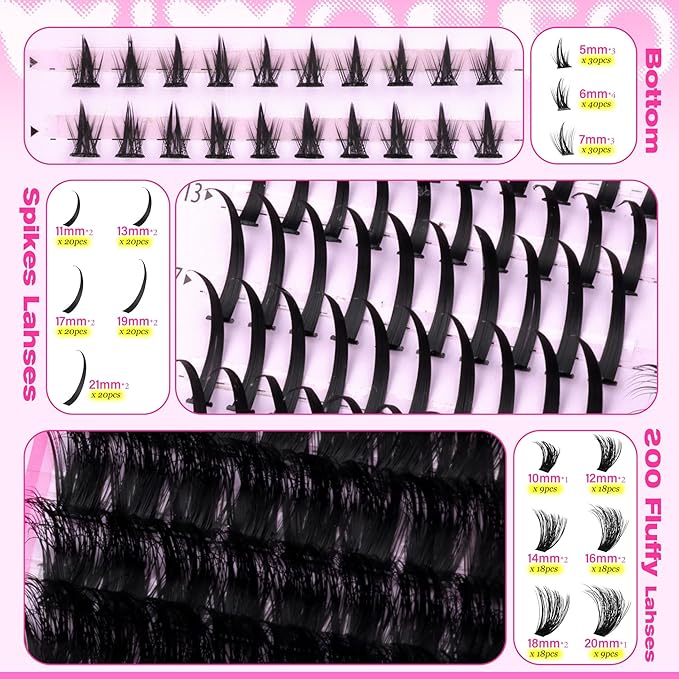 wiwoseo Fluffy Lash Clusters with Spikes Lash Clusters Kit Volume Lash Spikes Cluster Eyelash Extensions Kit 200D Fluffy Eyelash Clusters Spiky Bottom Cluster Lashes Clusters with Lash Bond and Seal