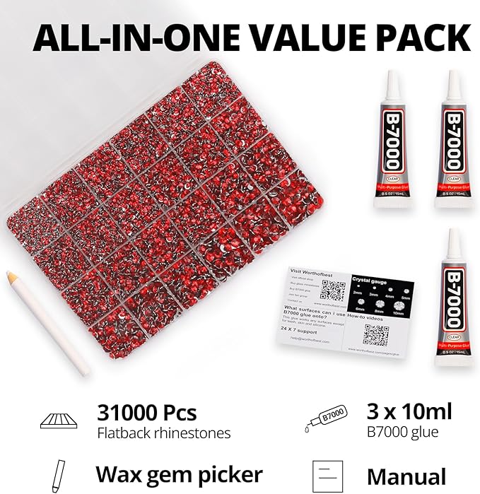 31000Pcs Red Resin Rhinestones for Bedazzling, 2,3,4,5,6mm Mixed Sizes Bedazzle Red Gems, Flatback Bedazzled Stones Crystal Jewels Diamonds Gemstones for Crafting Clothes Crafts with Glue