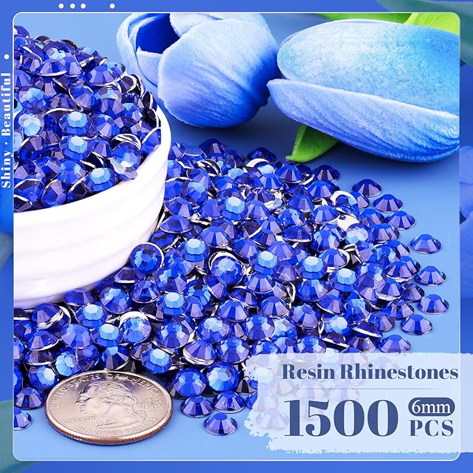 1500PCS 6mm Resin Rhinestones Bulk for Crafting (Royal Blue), Flatback Bedazzling Crystals for Crafts DIY Nail Decoration, Gems Charms for Tumbler Shoes Clothing Fabric with Pickup Pen and Tweezers
