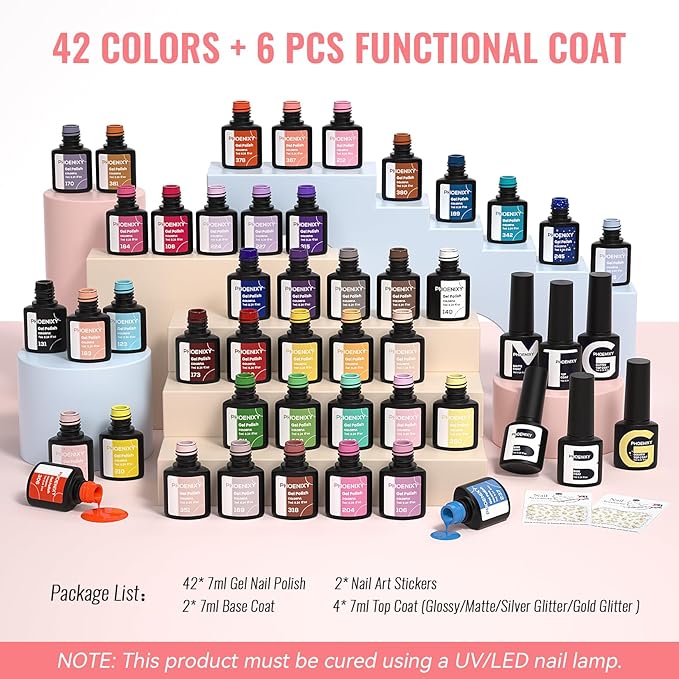 PHOENIXY 50 Pcs Gel Nail Polish Set, 42 Colors Gel Polish with Base & 4 Effects Top Coat All Seasons Nail Kit Gifts for Women Girls Nail Salon at Home