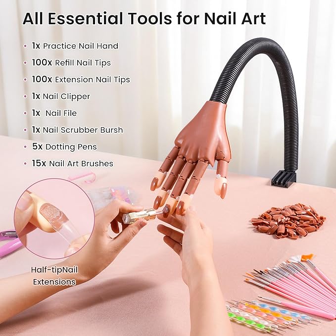 Rolybag Practice Hand for Acrylic Nails, Magnetic Nail Practice Hands, Mannequin Hand for Nails Kit for Beginners, Movable Flexible Fake Hand with 200PCS Nail Tips, Brush, File and Clipper